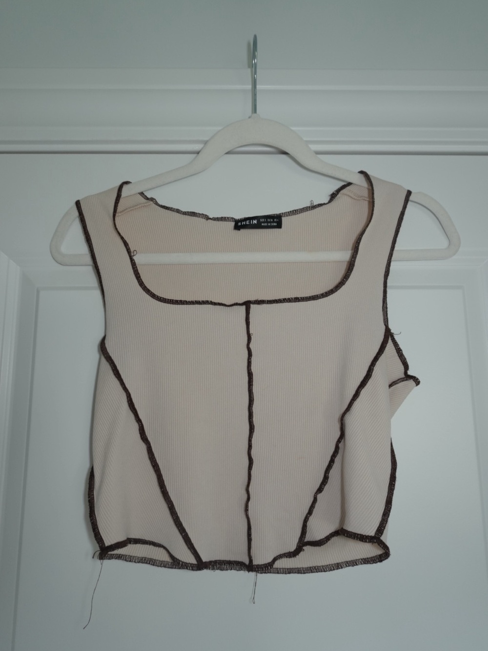 SHEIN Cream Ribbed Crop Tank with Brown Contrast Seams